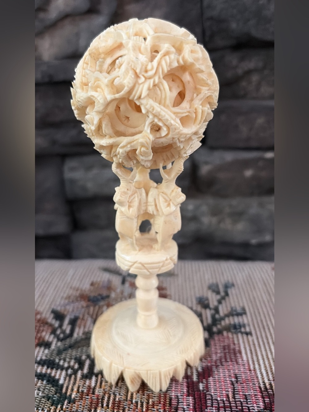 Vintage Carved Chinese Puzzle Ball with Elephant Stand